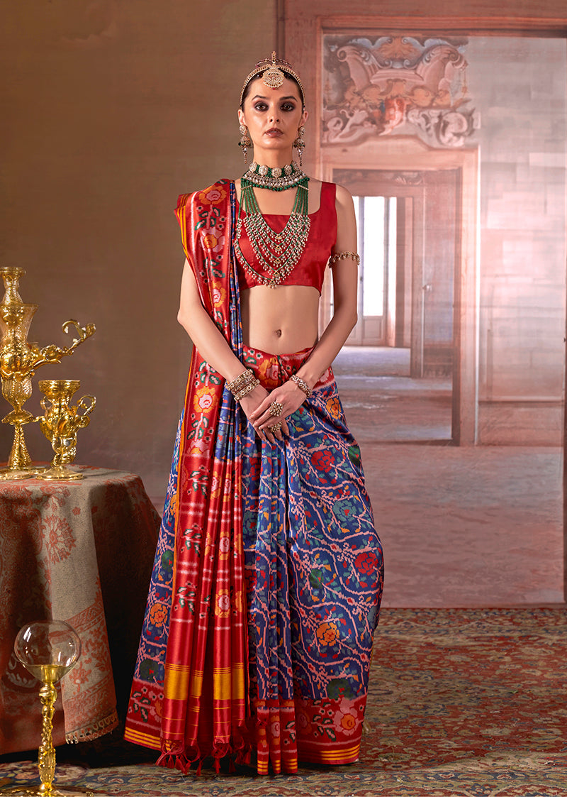 Monjolika Fashion Navy Blue Silk Blend Patola Print Saree with Red Blouse