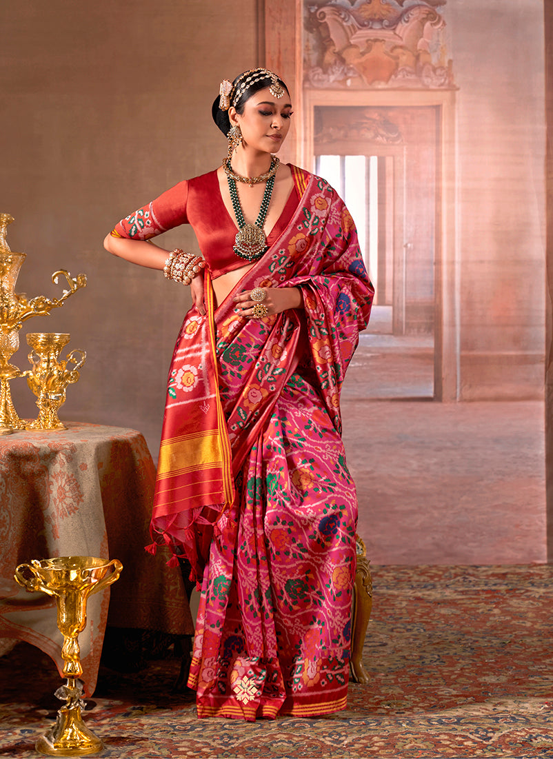 Monjolika Fashion Pink Silk Blend Patola Print Saree with Red Blouse