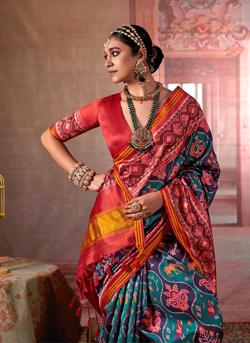 Monjolika Fashion Multicolor Silk Blend Patola Print Saree for Wedding & Festive Wear