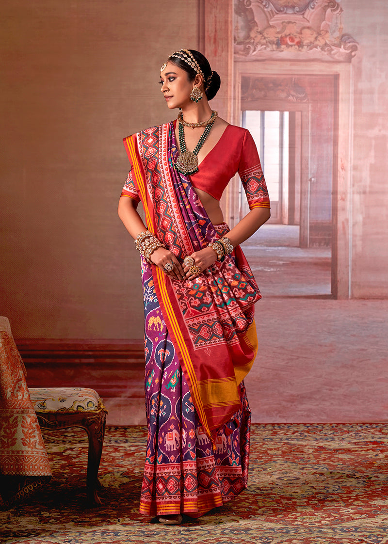 Monjolika Fashion Multicolor Silk Blend Patola Print Saree for Wedding & Festive Wear