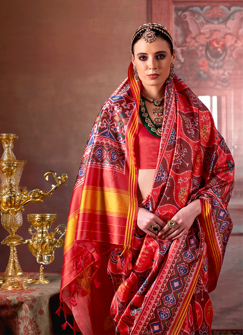 Monjolika Fashion Multicolor Silk Blend Patola Print Saree for Wedding & Festive Wear