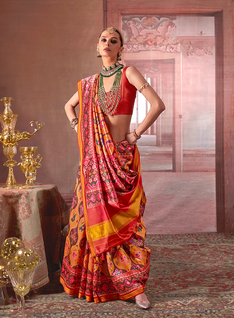 Monjolika Fashion Multicolor Silk Blend Patola Print Saree for Wedding & Festive Wear