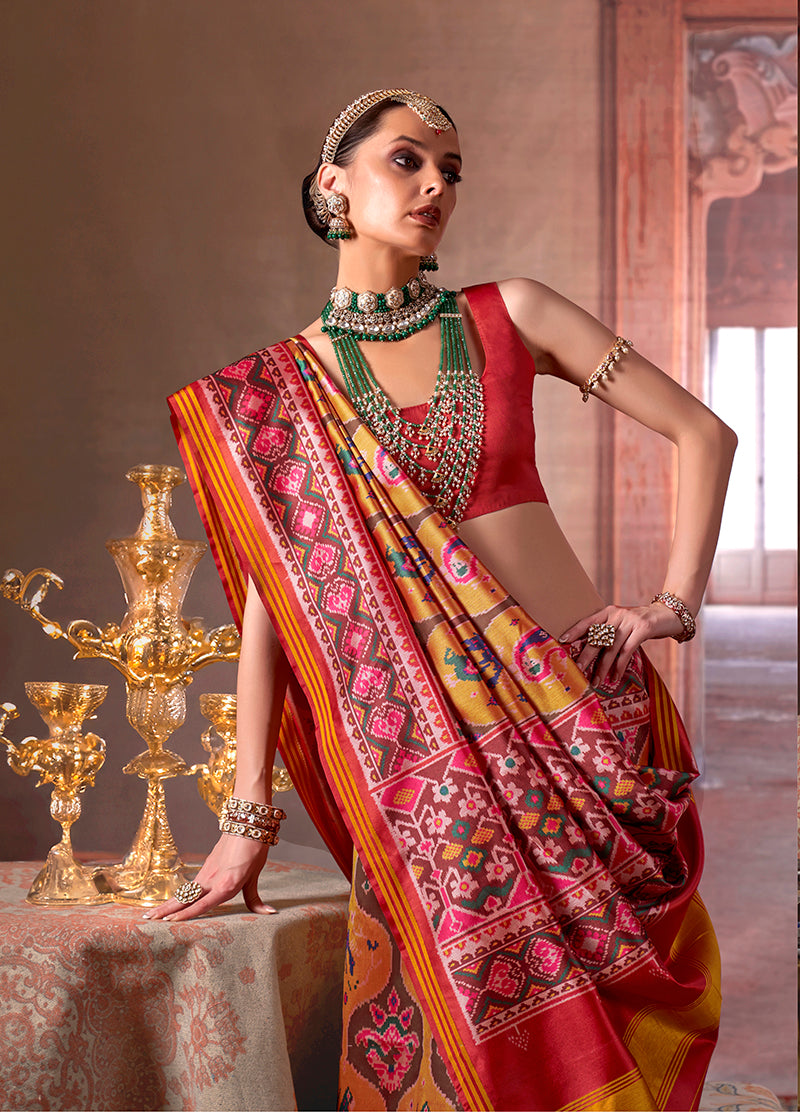Monjolika Fashion Multicolor Silk Blend Patola Print Saree for Wedding & Festive Wear