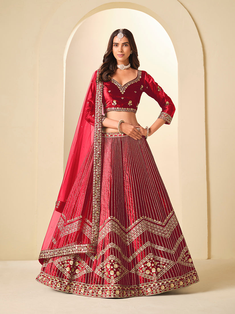 Monjolika Fashion Maroon Velvet Embroidered Sequins Work A Line Lehenga Choli