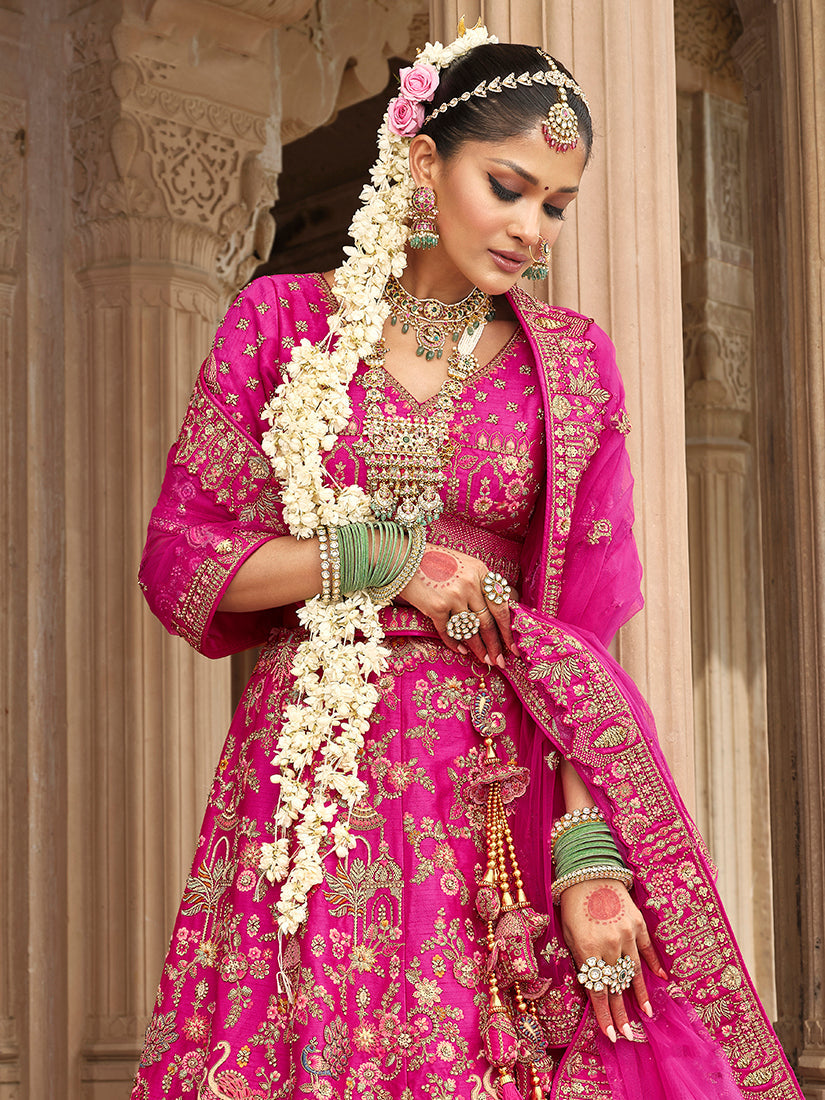 Monjolika Fashion Magenta Pink Khatli Embroidered Silk Blend Bridal Lehenga Choli