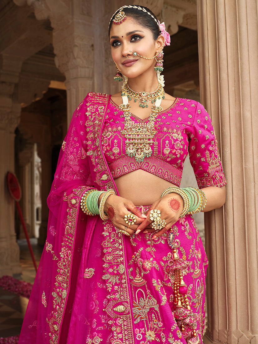 Monjolika Fashion Magenta Pink Khatli Embroidered Silk Blend Bridal Lehenga Choli