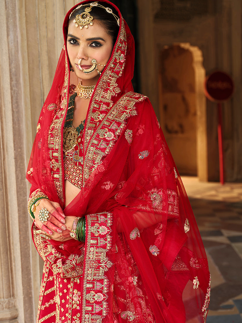 Monjolika Fashion Red Khatli Embroidered Silk Blend Bridal Lehenga Choli