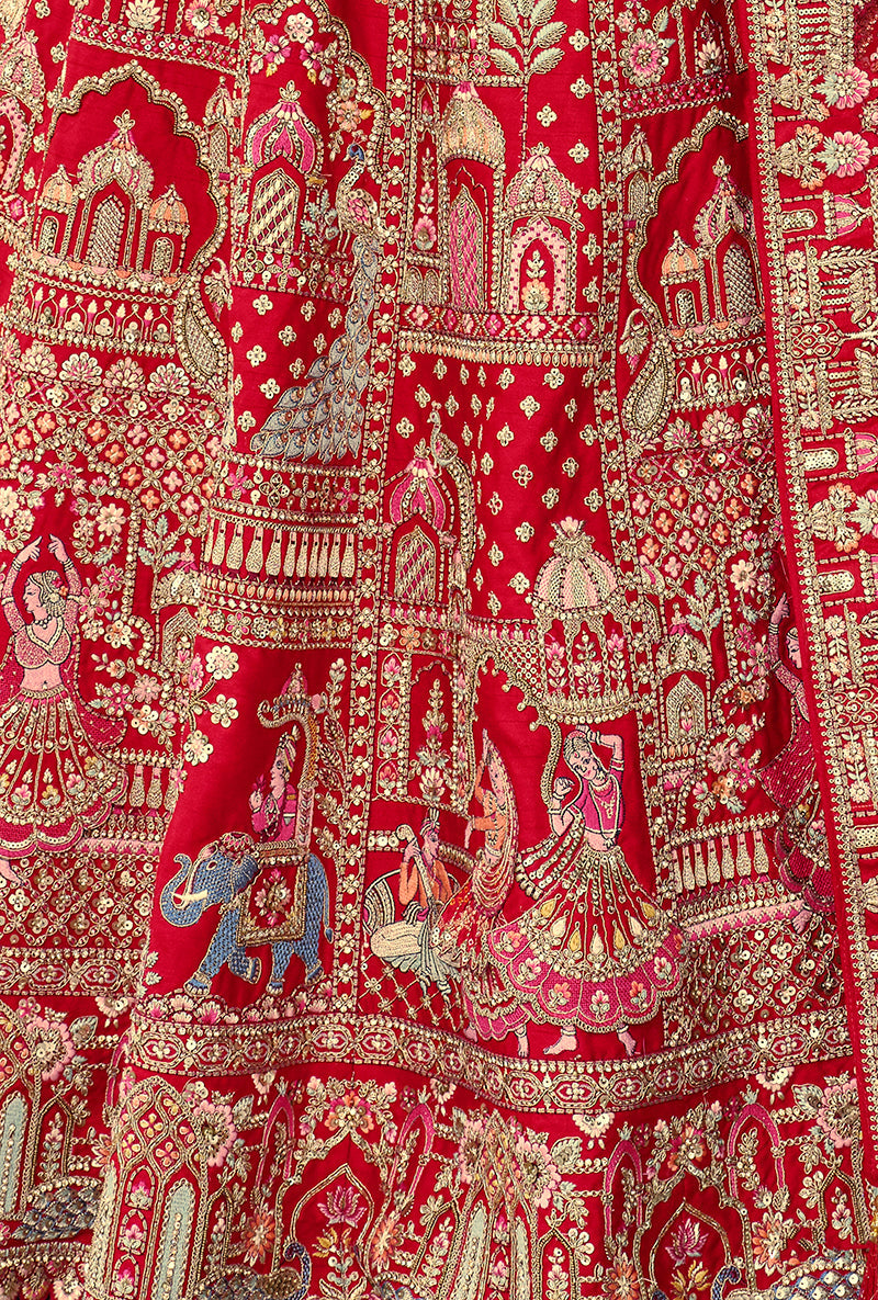 Monjolika Fashion Red Khatli Embroidered Silk Blend Bridal Lehenga Choli