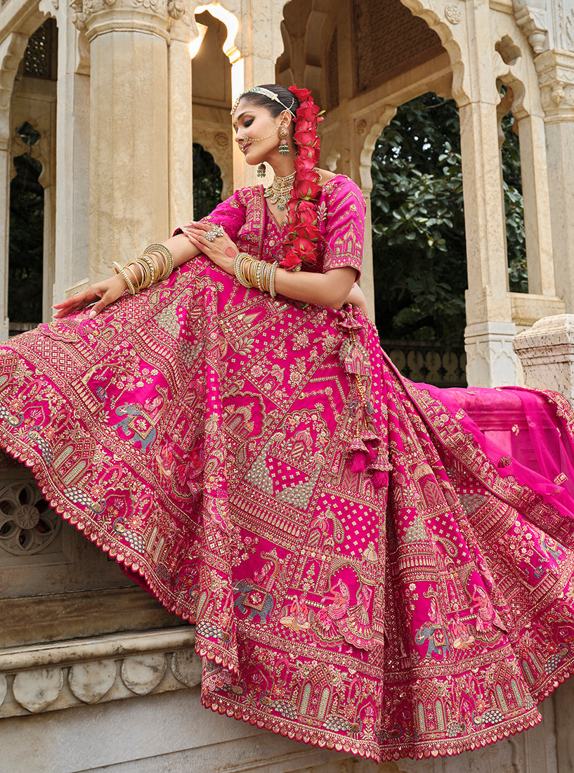 Monjolika Fashion Rani Pink Khatli Embroidered Silk Blend Bridal Lehenga Choli
