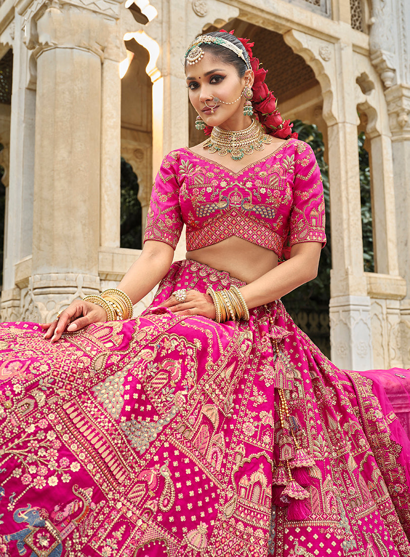 Monjolika Fashion Rani Pink Khatli Embroidered Silk Blend Bridal Lehenga Choli
