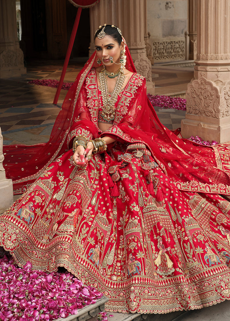 Monjolika Fashion Red Khatli Embroidered Silk Blend Bridal Lehenga Choli