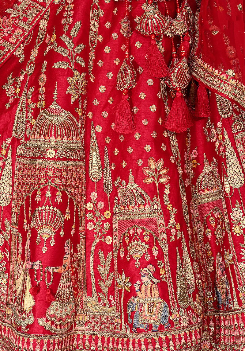Monjolika Fashion Red Khatli Embroidered Silk Blend Bridal Lehenga Choli
