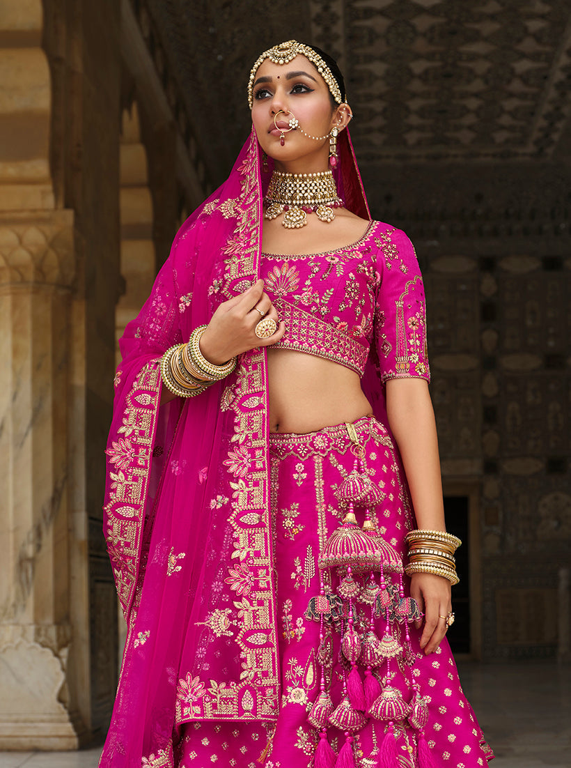 Monjolika Fashion Magenta Pink Khatli Embroidered Silk Blend Bridal Lehenga Choli