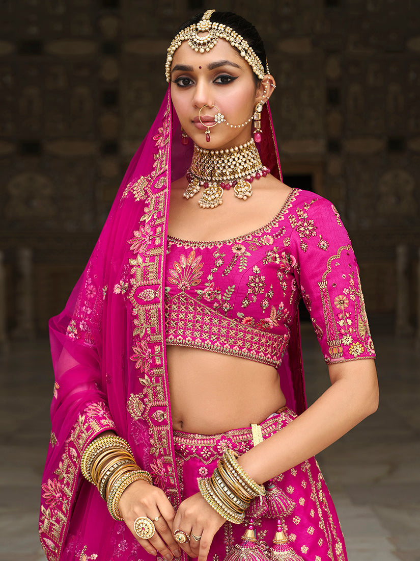 Monjolika Fashion Magenta Pink Khatli Embroidered Silk Blend Bridal Lehenga Choli