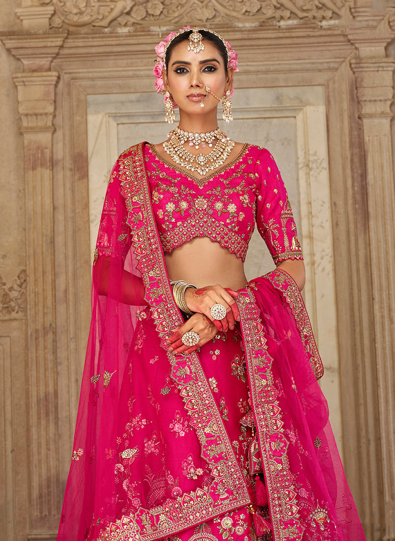 Monjolika Fashion Rani Pink Khatli Embroidered Silk Blend Bridal Lehenga Choli