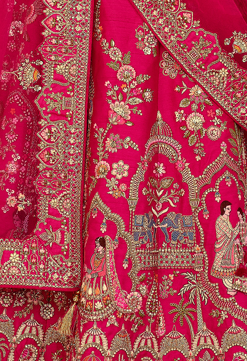 Monjolika Fashion Rani Pink Khatli Embroidered Silk Blend Bridal Lehenga Choli