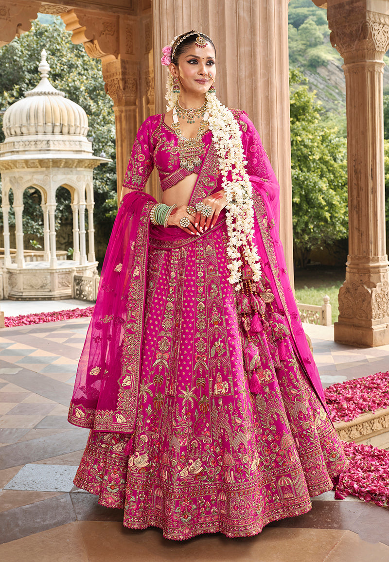 Monjolika Fashion Magenta Pink Khatli Embroidered Silk Blend Bridal Lehenga Choli