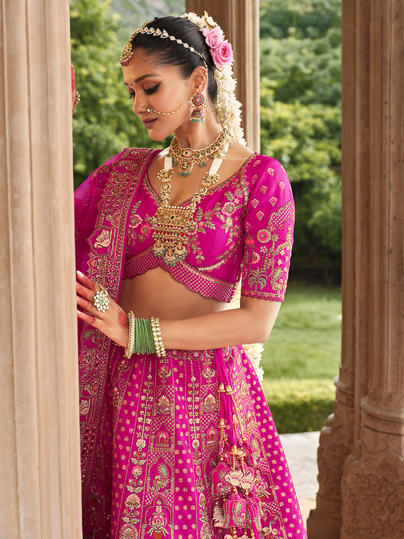 Monjolika Fashion Magenta Pink Khatli Embroidered Silk Blend Bridal Lehenga Choli
