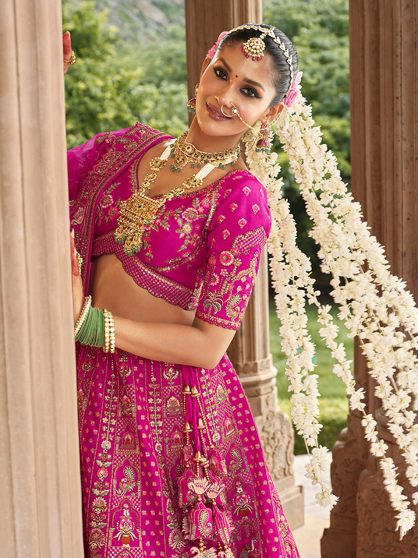 Monjolika Fashion Magenta Pink Khatli Embroidered Silk Blend Bridal Lehenga Choli