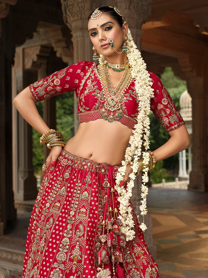 Monjolika Fashion Red Khatli Embroidered Silk Blend Bridal Lehenga Choli