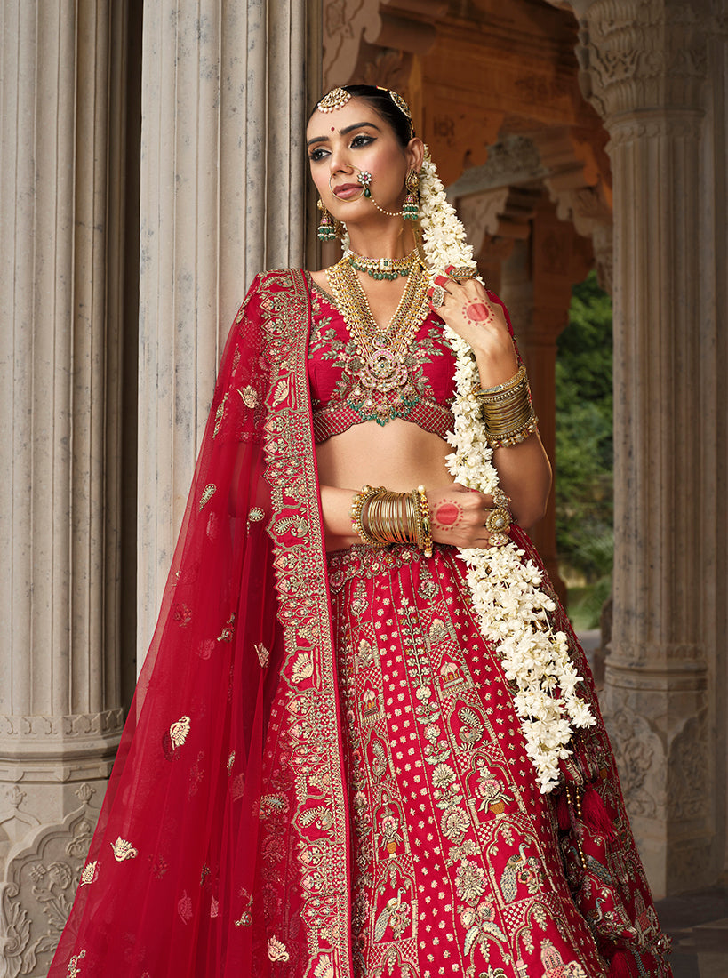 Monjolika Fashion Red Khatli Embroidered Silk Blend Bridal Lehenga Choli
