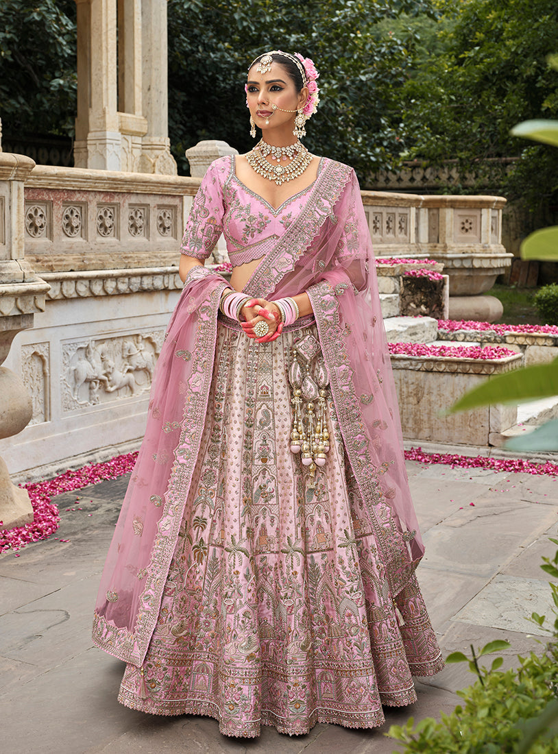 Monjolika Fashion Light Pink Khatli Embroidered Silk Blend Bridal Lehenga Choli