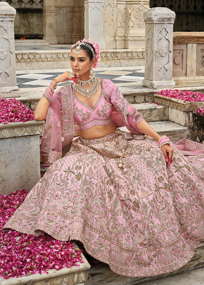 Monjolika Fashion Light Pink Khatli Embroidered Silk Blend Bridal Lehenga Choli