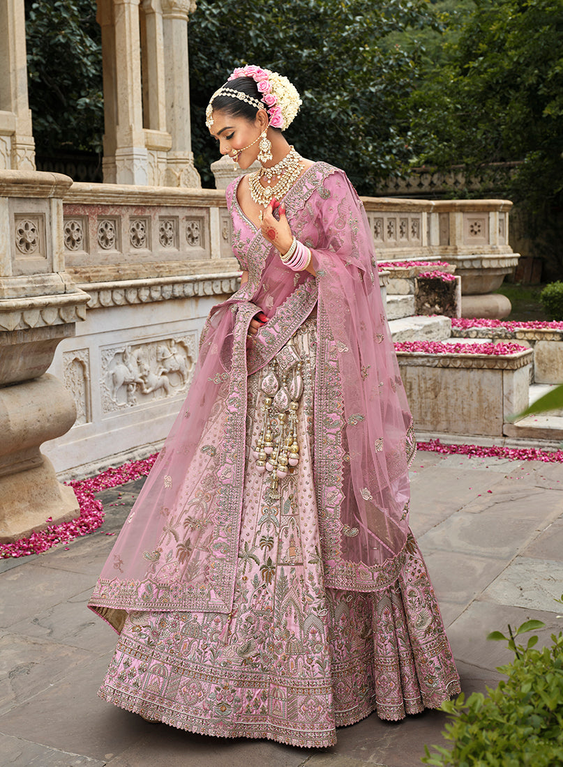Monjolika Fashion Light Pink Khatli Embroidered Silk Blend Bridal Lehenga Choli