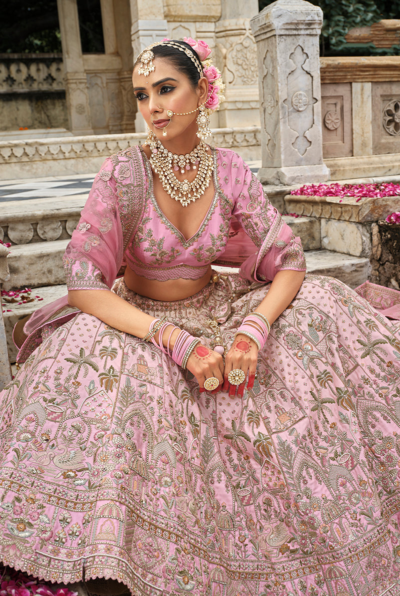 Monjolika Fashion Light Pink Khatli Embroidered Silk Blend Bridal Lehenga Choli