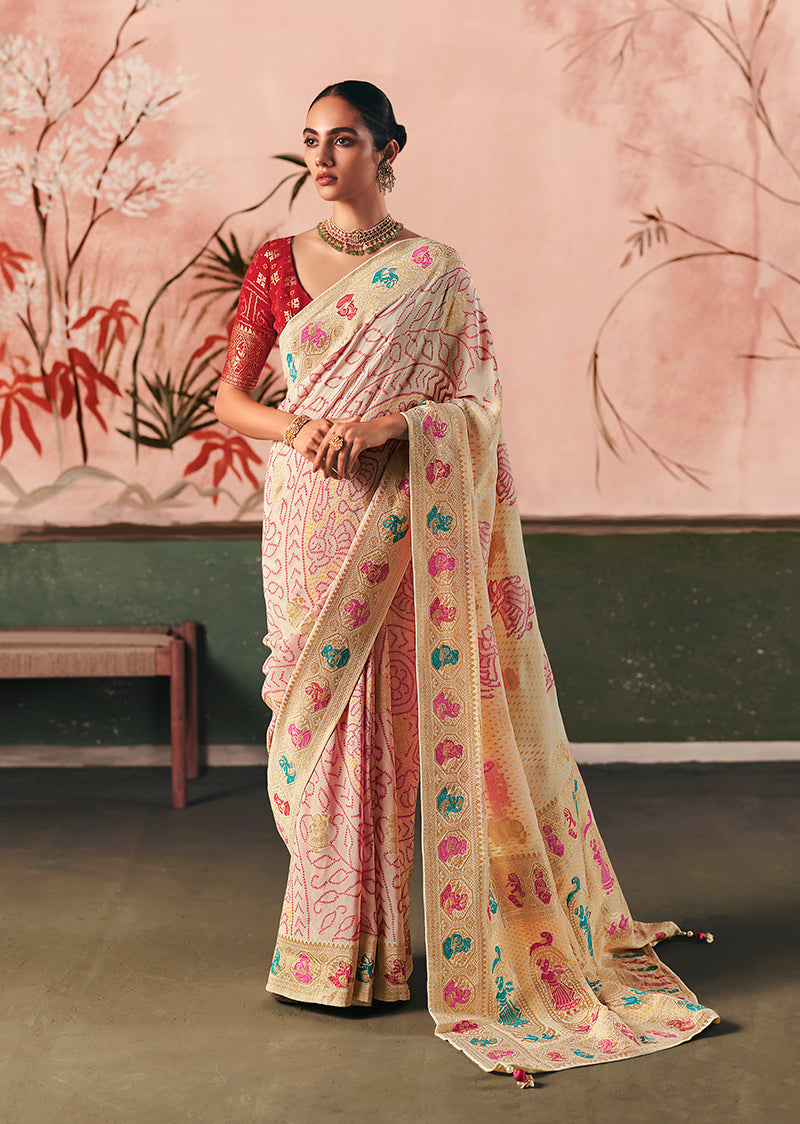 Monjolika Fashion Off White Bandhej Weaving Work Faux Khadi Georgette Saree