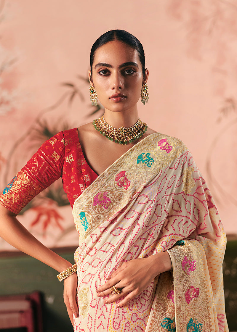 Monjolika Fashion Off White Bandhej Weaving Work Faux Khadi Georgette Saree