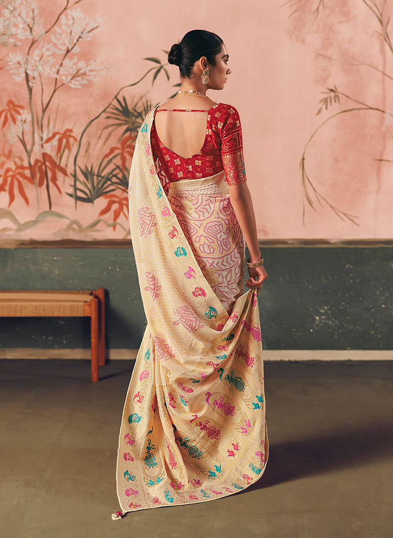 Monjolika Fashion Off White Bandhej Weaving Work Faux Khadi Georgette Saree