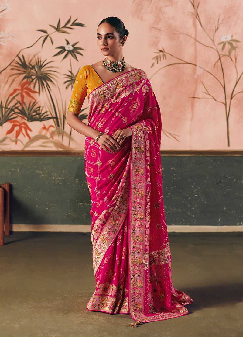 Monjolika Fashion Rani Pink Bandhej Weaving Work Faux Khadi Georgette Saree
