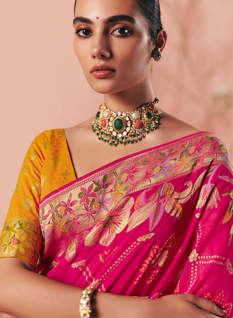 Monjolika Fashion Rani Pink Bandhej Weaving Work Faux Khadi Georgette Saree