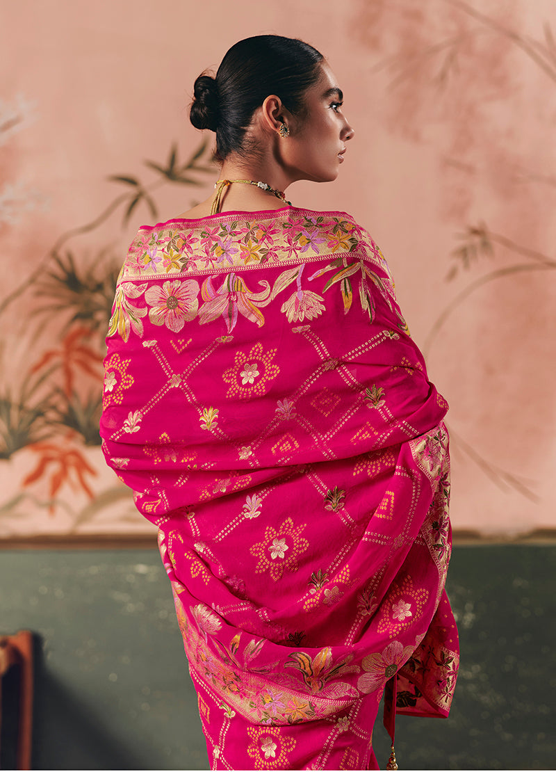 Monjolika Fashion Rani Pink Bandhej Weaving Work Faux Khadi Georgette Saree