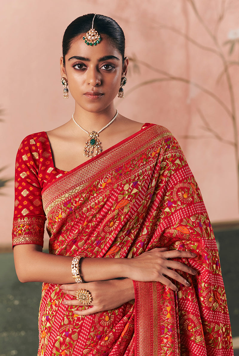 Monjolika Fashion Red Bandhej Weaving Work Faux Khadi Georgette Saree