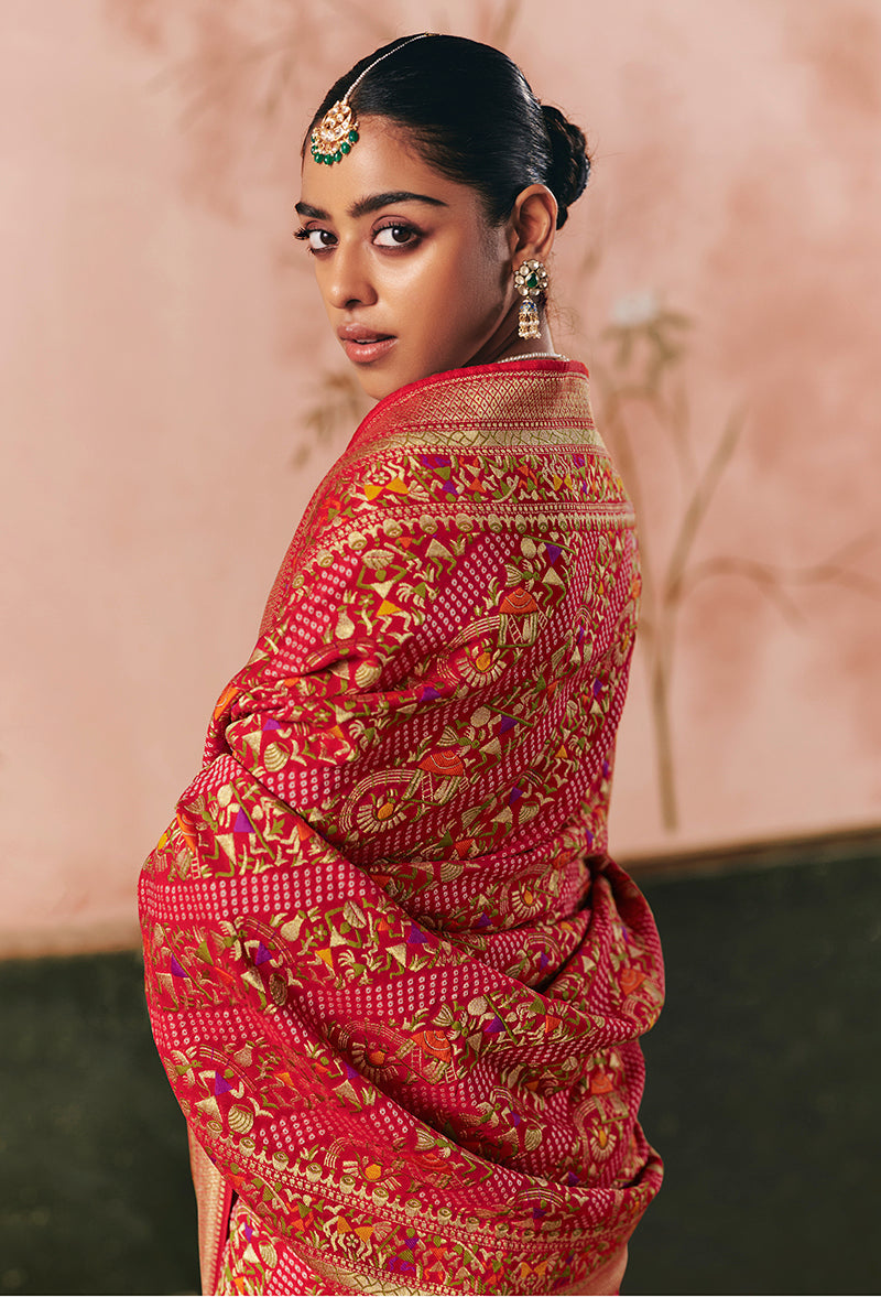 Monjolika Fashion Red Bandhej Weaving Work Faux Khadi Georgette Saree