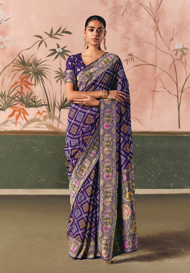 Monjolika Fashion Violet Bandhej Weaving Work Faux Khadi Georgette Saree