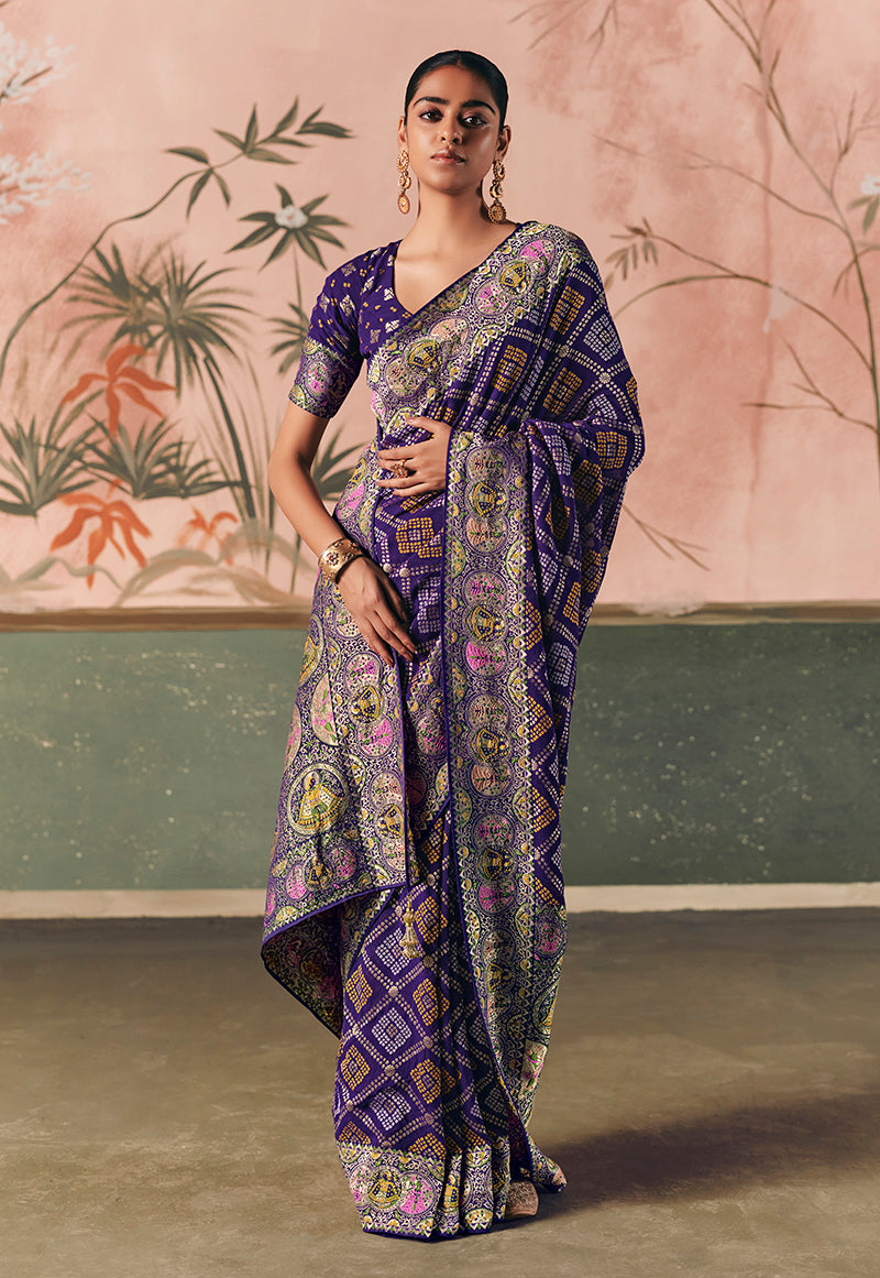 Monjolika Fashion Violet Bandhej Weaving Work Faux Khadi Georgette Saree