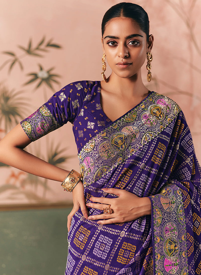 Monjolika Fashion Violet Bandhej Weaving Work Faux Khadi Georgette Saree