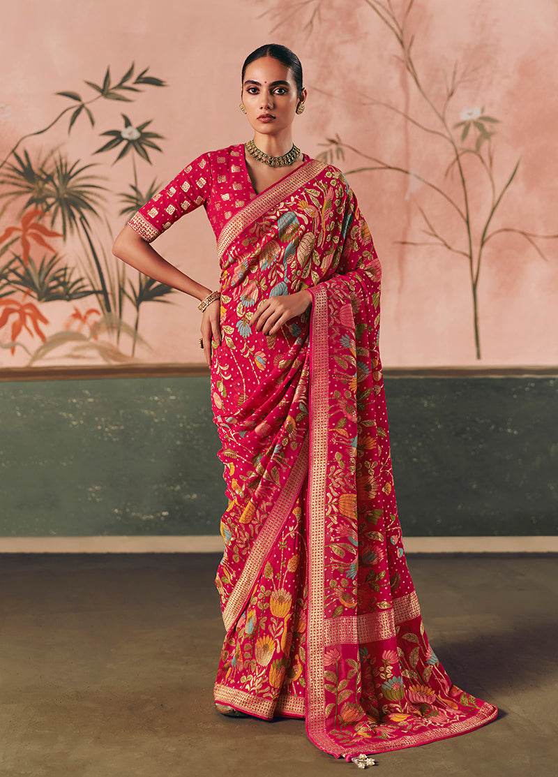 Monjolika Fashion Rani Pink Bandhej Weaving Work Faux Khadi Georgette Saree