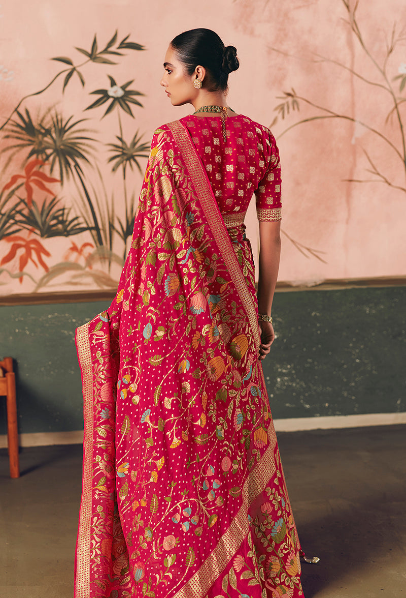 Monjolika Fashion Rani Pink Bandhej Weaving Work Faux Khadi Georgette Saree
