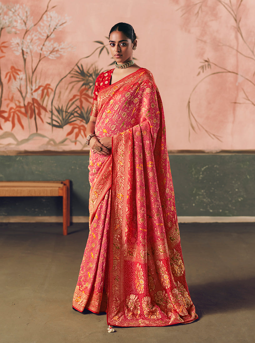 Monjolika Fashion Gajri Pink Bandhej Weaving Work Faux Khadi Georgette Saree