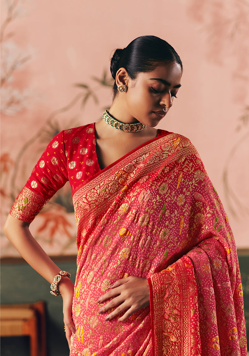 Monjolika Fashion Gajri Pink Bandhej Weaving Work Faux Khadi Georgette Saree
