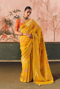Monjolika Fashion Yellow Bandhej Weaving Work Faux Khadi Georgette Saree