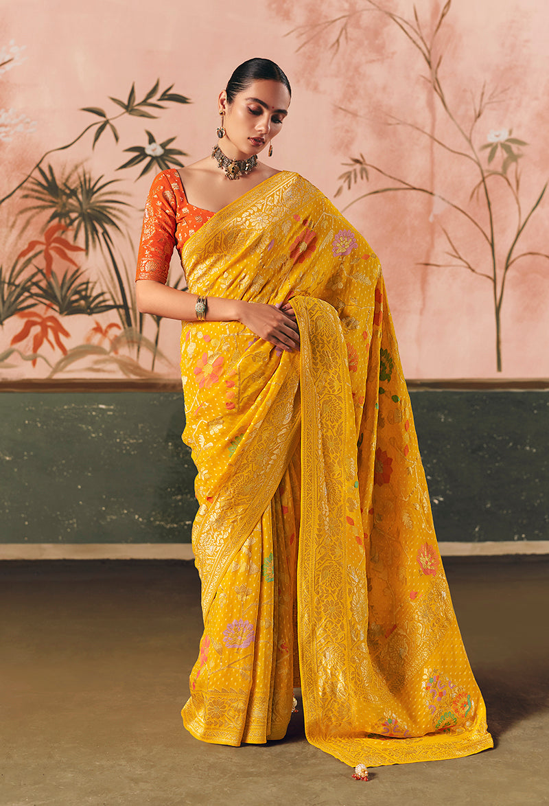 Monjolika Fashion Yellow Bandhej Weaving Work Faux Khadi Georgette Saree