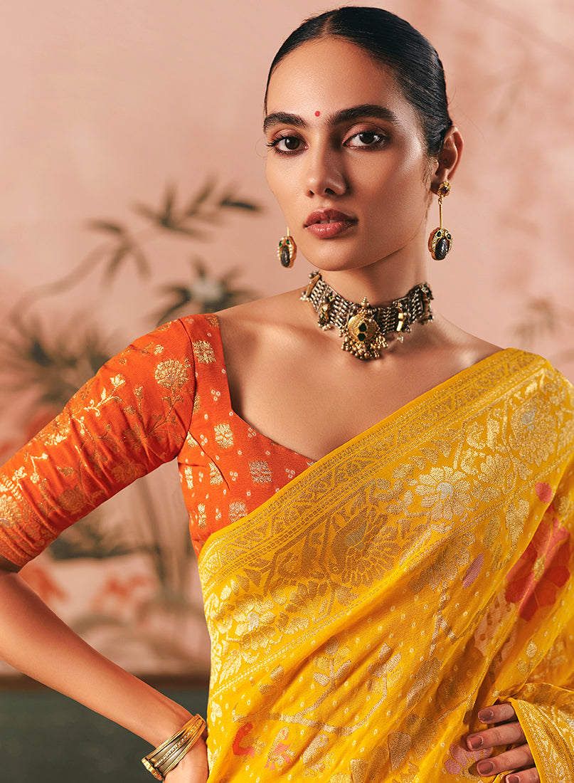 Monjolika Fashion Yellow Bandhej Weaving Work Faux Khadi Georgette Saree