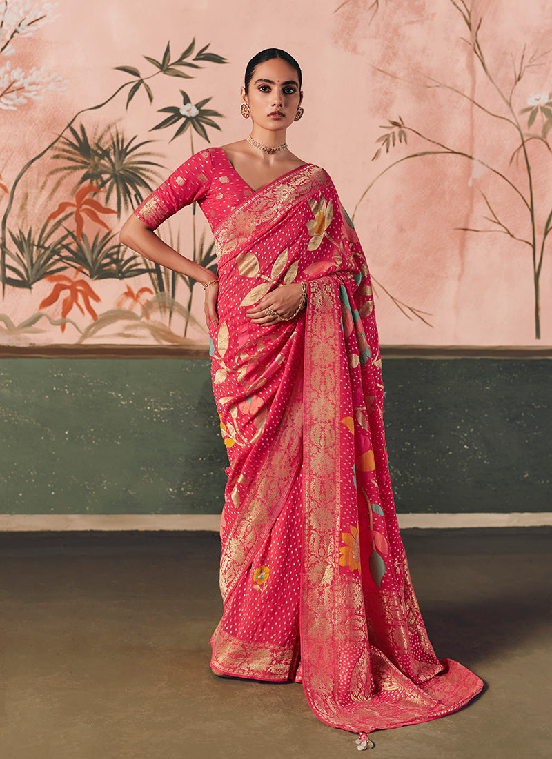 Monjolika Fashion Pink Bandhej Weaving Work Faux Khadi Georgette Saree