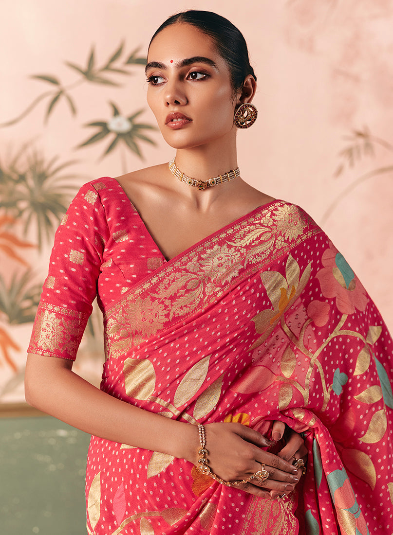 Monjolika Fashion Pink Bandhej Weaving Work Faux Khadi Georgette Saree
