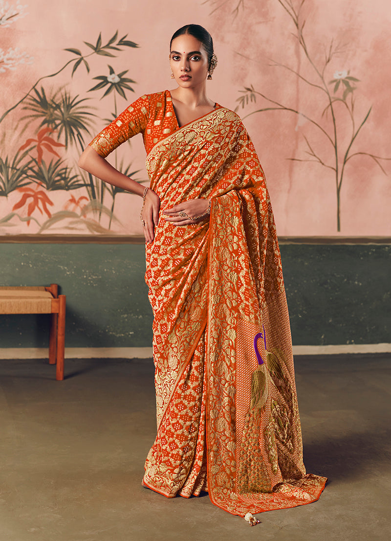 Monjolika Fashion Orange Bandhej Weaving Work Faux Khadi Georgette Saree